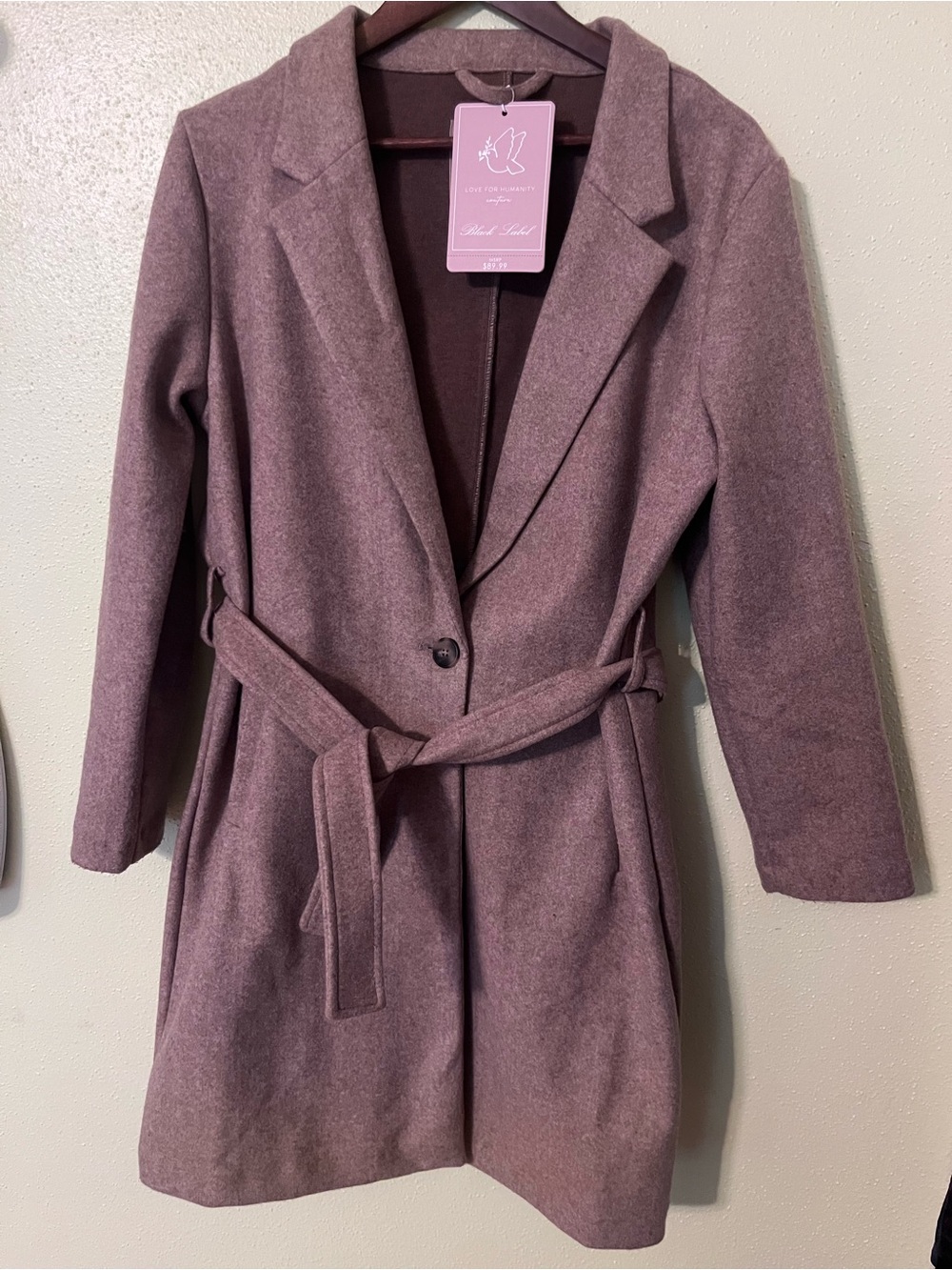 Love For Humanity NWT Black Label Wool-Like Midi Trench Coat Mauve M 22” p2p